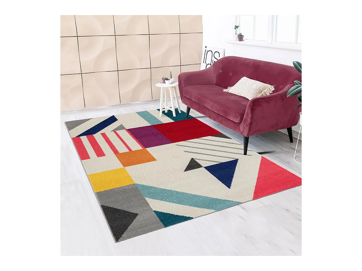 tapis salon 150x220 tissé crème et rouge rectangle motif géométrique LYN6 NORTA