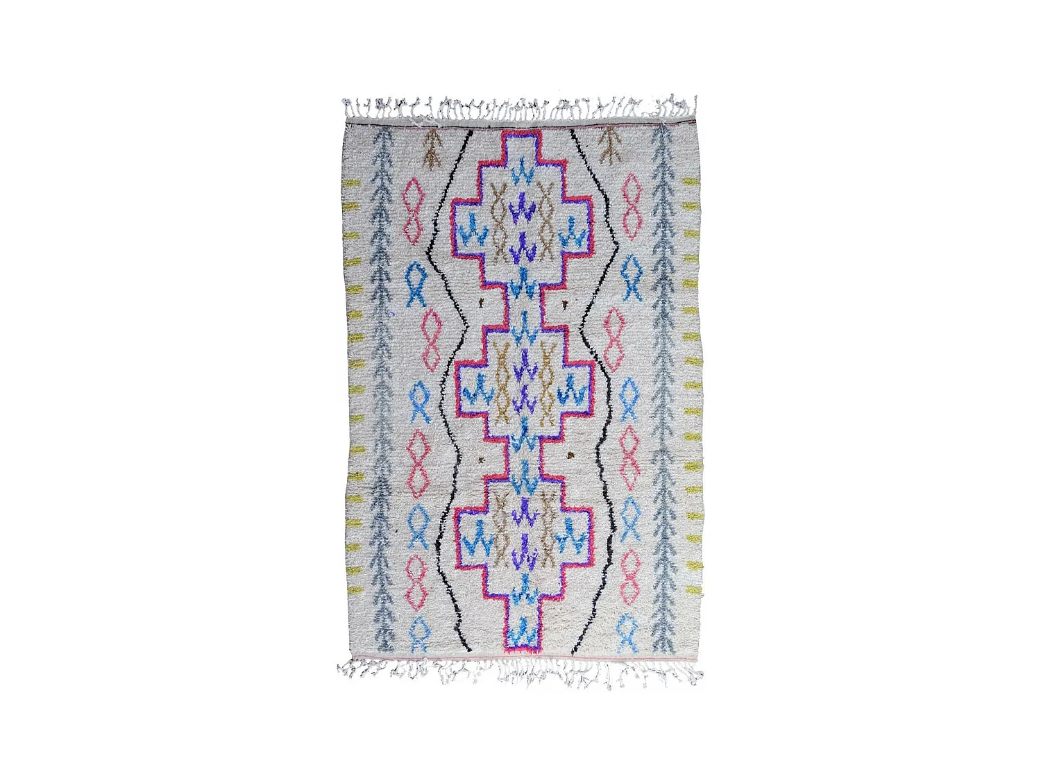 Authentique tapis berbère 150x240 fait à la main en laine blanc cassé et rose AZILAL 9 motif ethnic