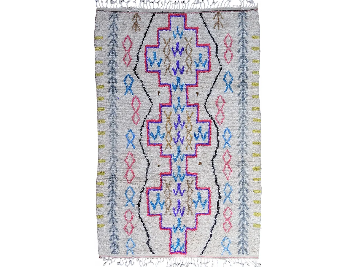 Authentique tapis berbère 150x240 fait à la main en laine blanc cassé et rose AZILAL 9 motif ethnic