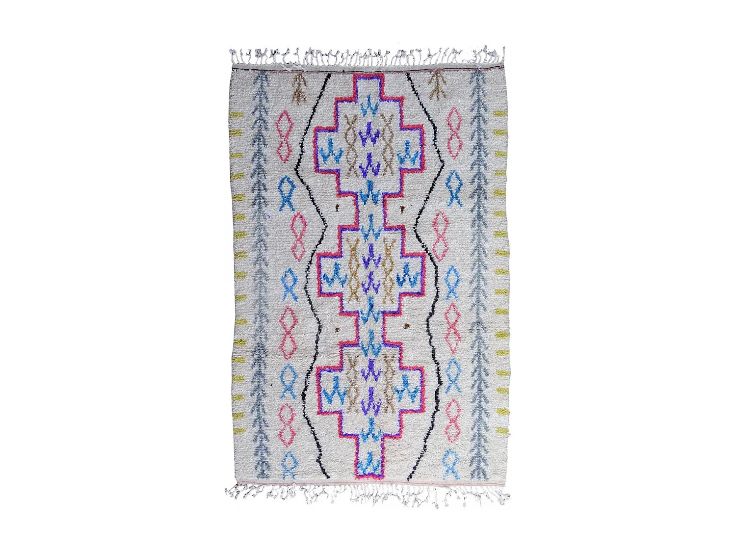 Authentique tapis berbère 150x240 fait à la main en laine blanc cassé et rose AZILAL 9 motif ethnic