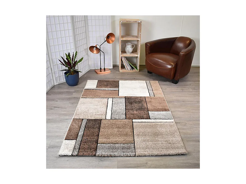 tapis salon 140x140 tissé beige carré motif géométrique LYN8 GEOME