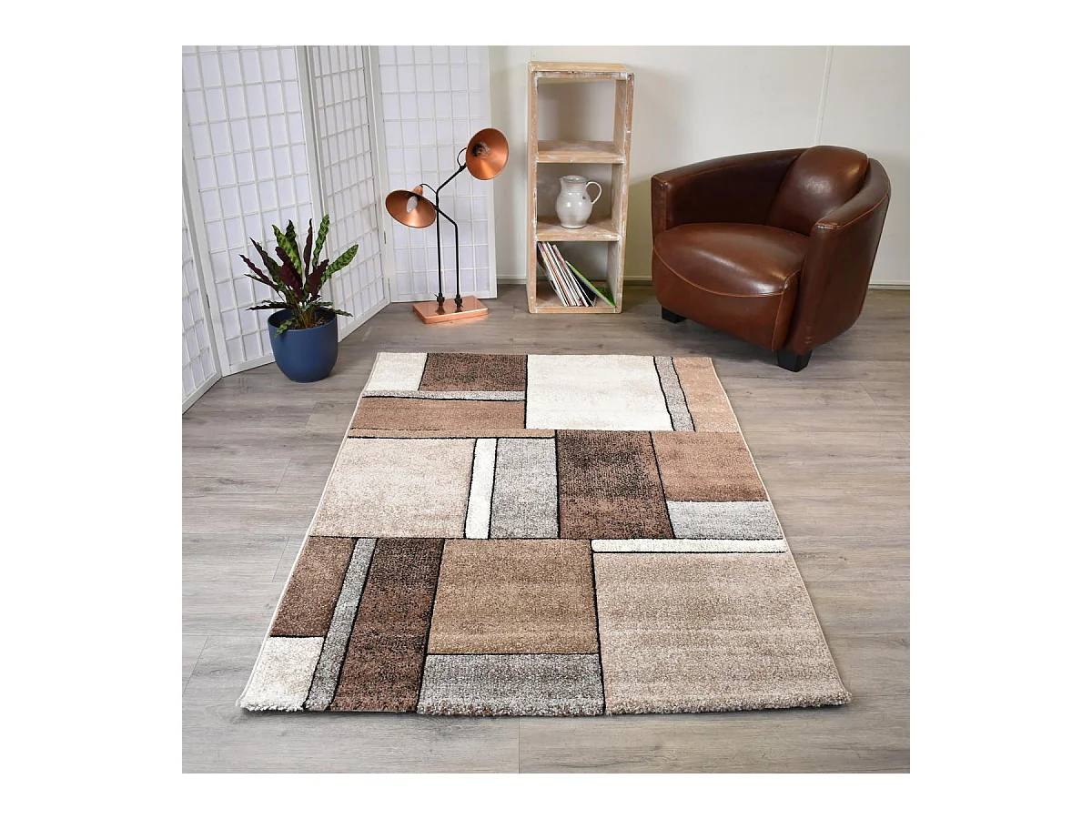 tapis salon 140x140 tissé beige carré motif géométrique LYN8 GEOME