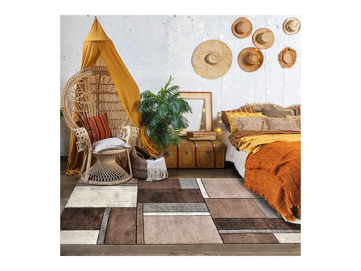 tapis salon 140x140 tissé beige carré motif géométrique LYN8 GEOME