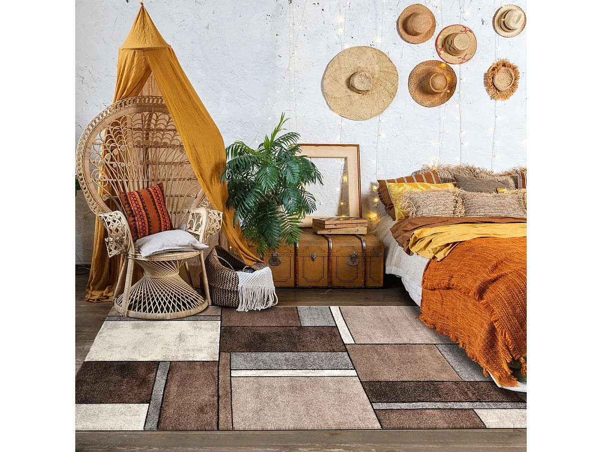 tapis salon 140x140 tissé beige carré motif géométrique LYN8 GEOME