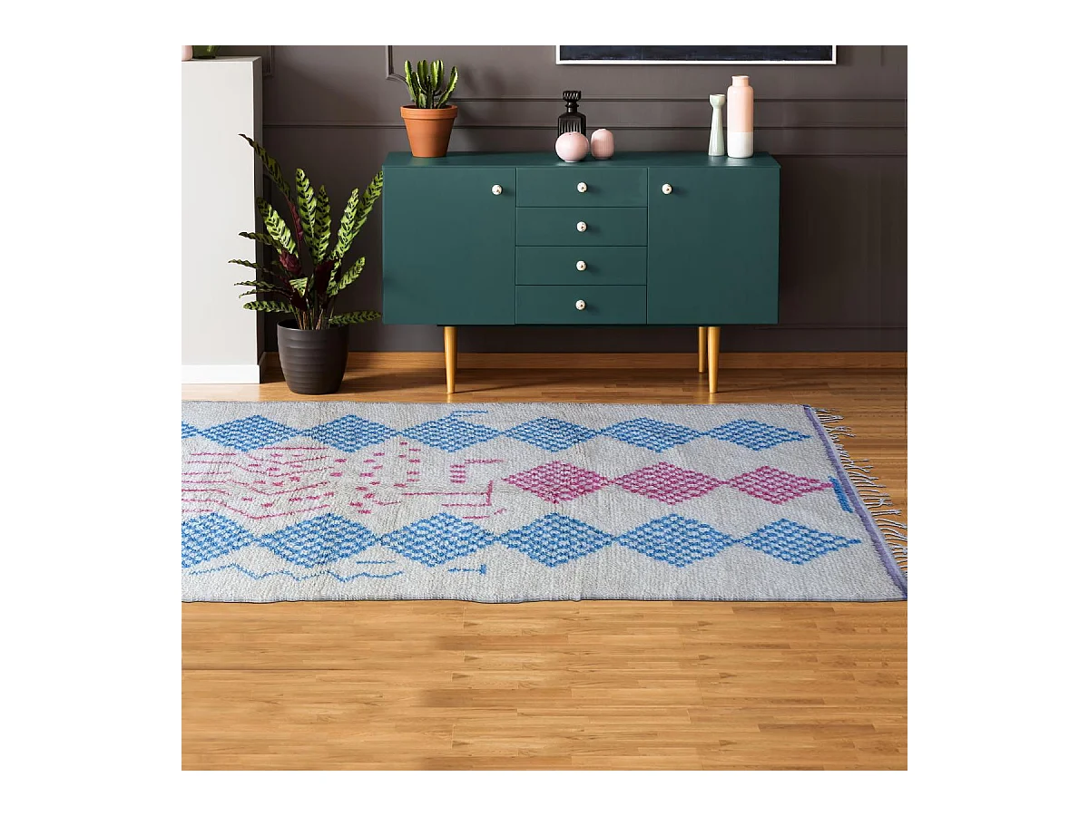 Authentique tapis berbère 150x255 fait à la main en laine blanc cassé et rose AZILAL 4 motif ethnic