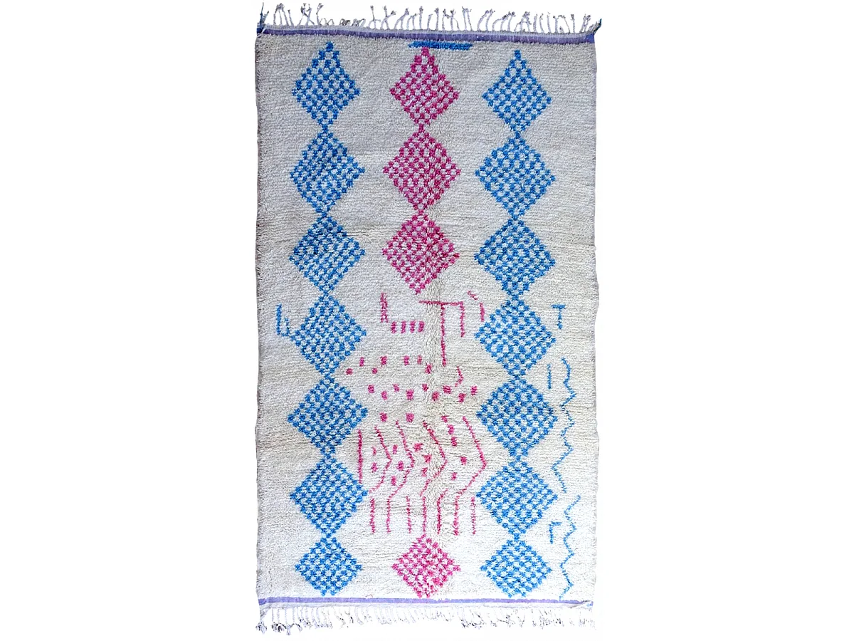 Authentique tapis berbère 150x255 fait à la main en laine blanc cassé et rose AZILAL 4 motif ethnic