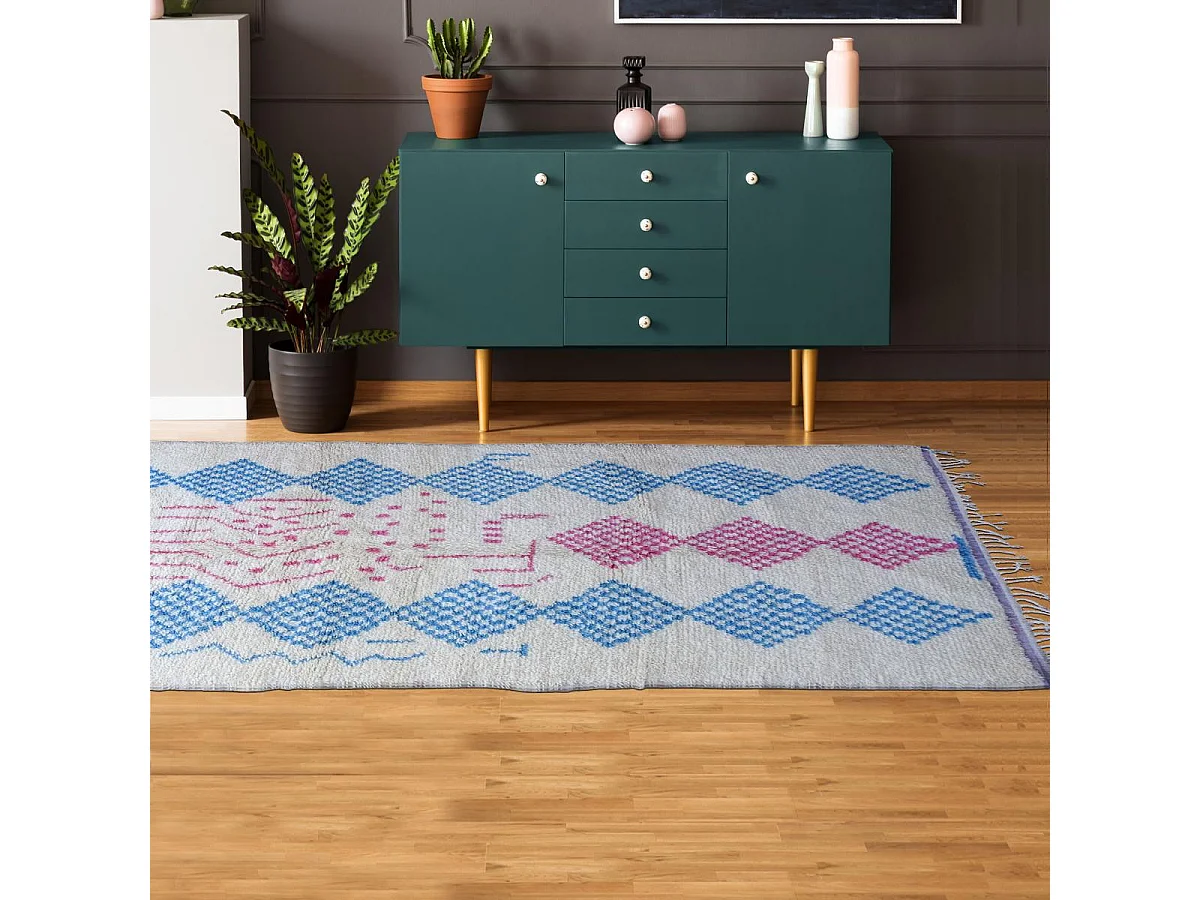 Authentique tapis berbère 150x255 fait à la main en laine blanc cassé et rose AZILAL 4 motif ethnic