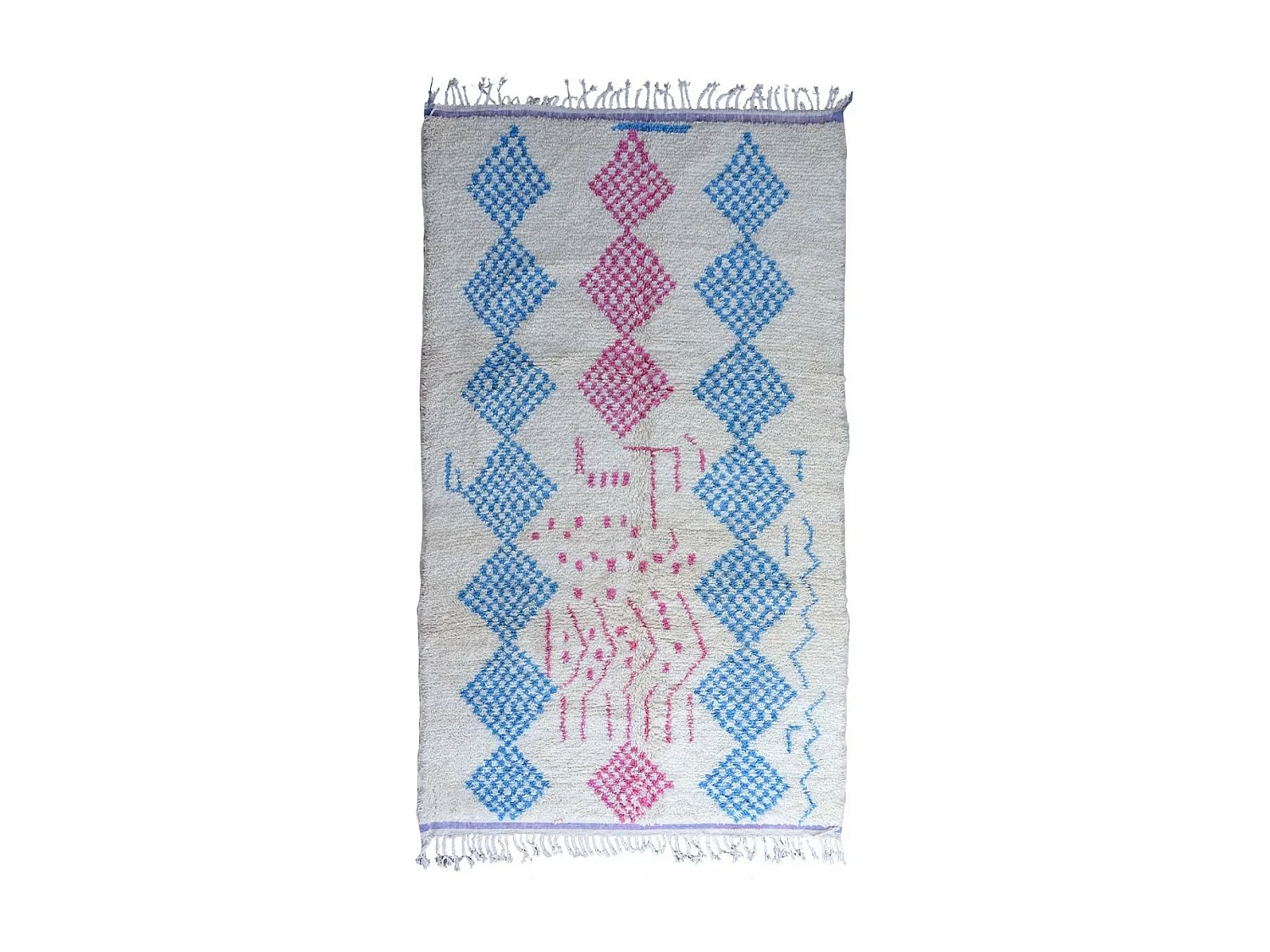 Authentique tapis berbère 150x255 fait à la main en laine blanc cassé et rose AZILAL 4 motif ethnic