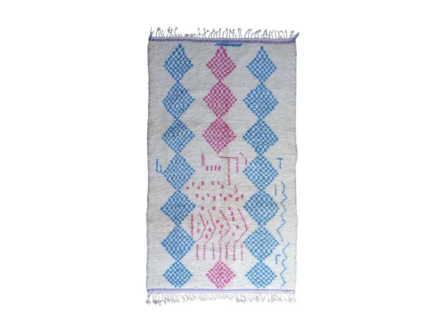 Authentique tapis berbère 150x255 fait à la main en laine blanc cassé et rose AZILAL 4 motif ethnic