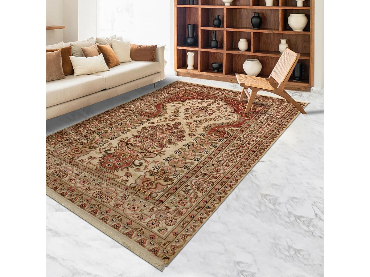 Authentique tapis d'Orient 125x175 fait main en soie beige JIHANGIR 52