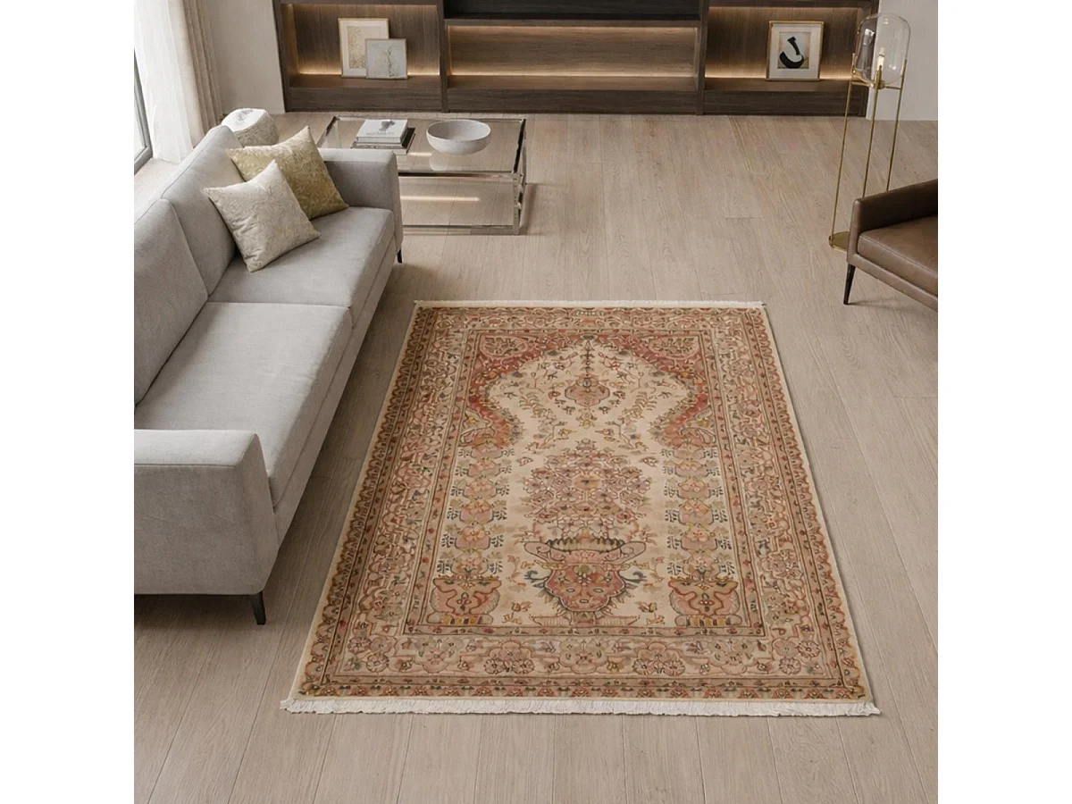Authentique tapis d'Orient 125x175 fait main en soie beige JIHANGIR 52