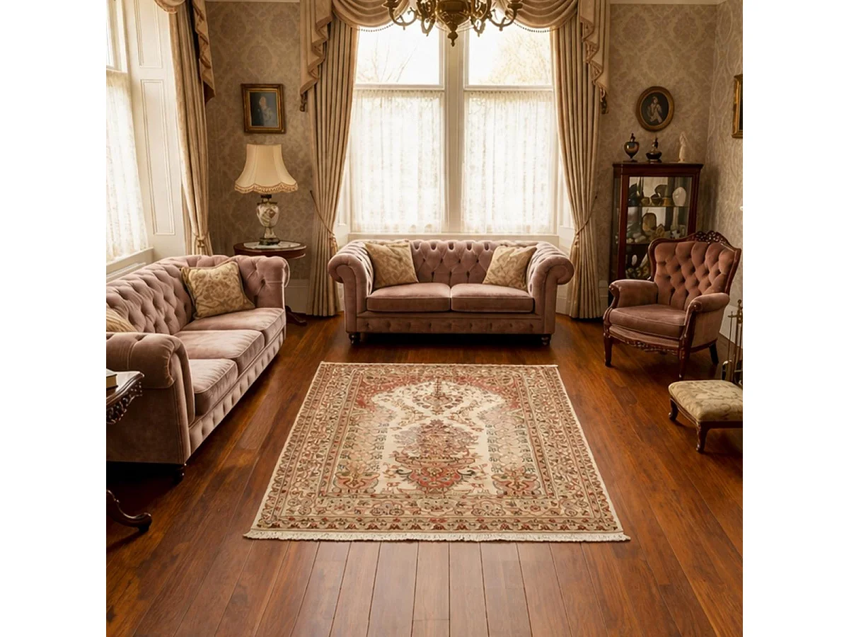 Authentique tapis d'Orient 125x175 fait main en soie beige JIHANGIR 52