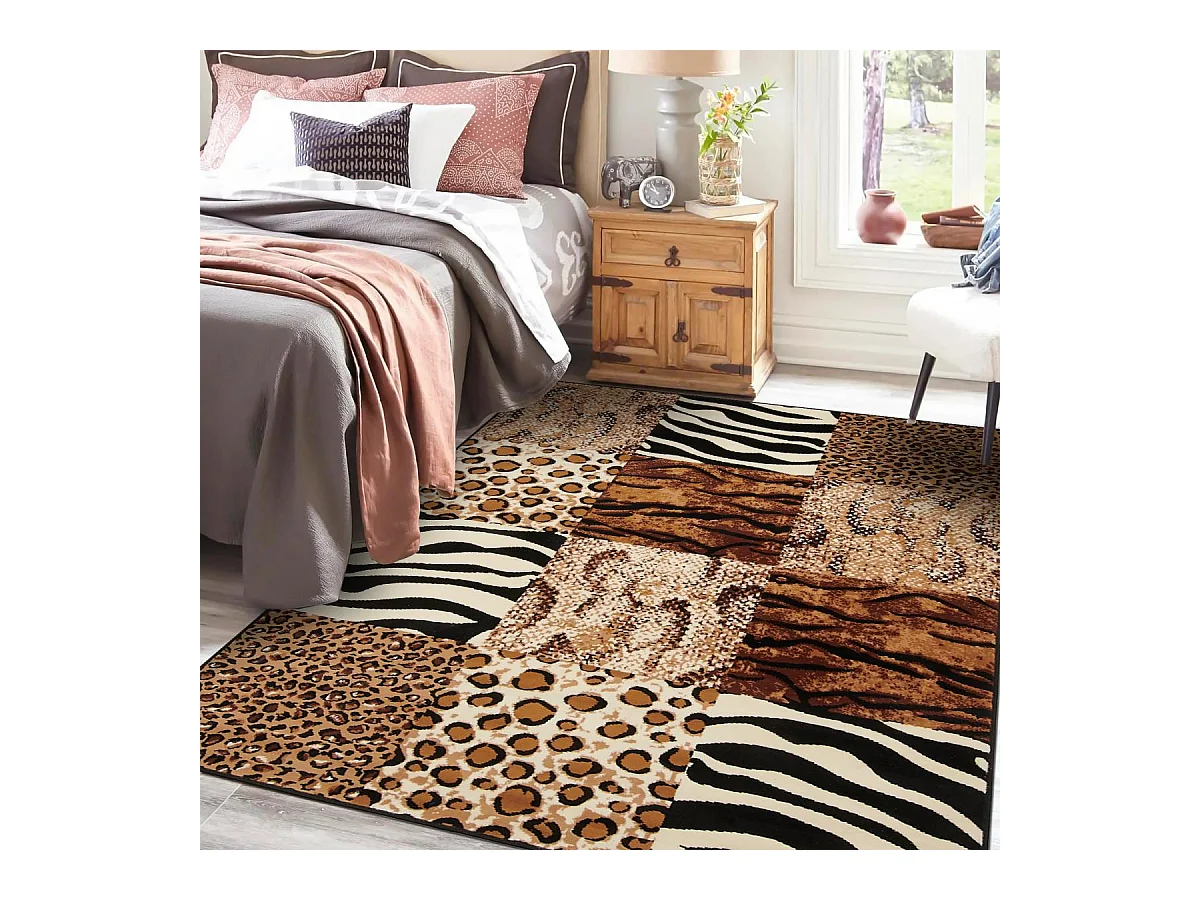 tapis salle à manger 190x280 tissé beige rectangle motif animaux LYN1 SAVANA
