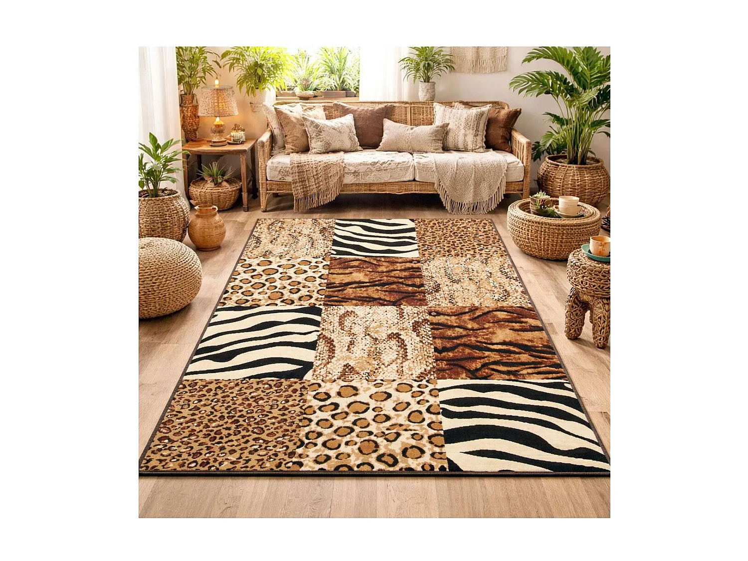 tapis salle à manger 190x280 tissé beige rectangle motif animaux LYN1 SAVANA