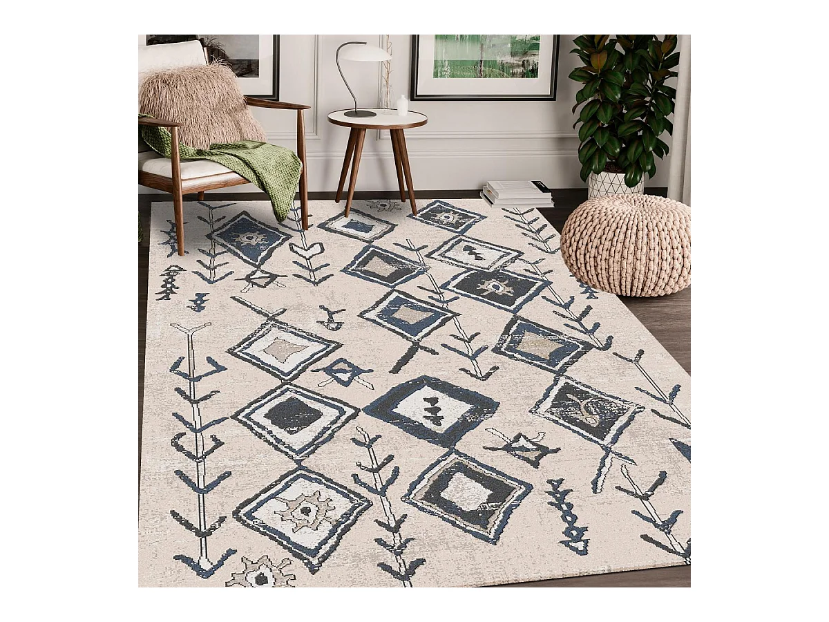 Tapis berbère 80x150 tissé motifs ethno-chic ELAM beige et noir