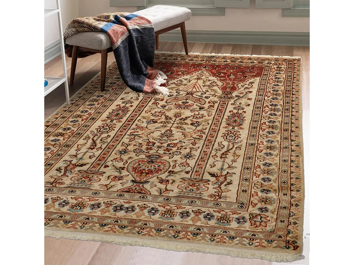 Authentique tapis d'Orient 125x180 fait main en soie beige JIHANGIR 55
