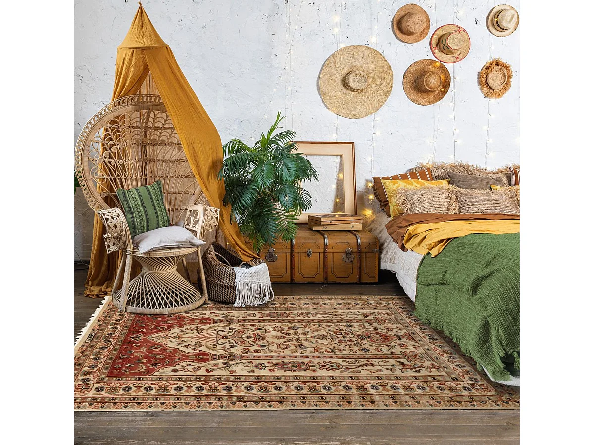 Authentique tapis d'Orient 125x180 fait main en soie beige JIHANGIR 55