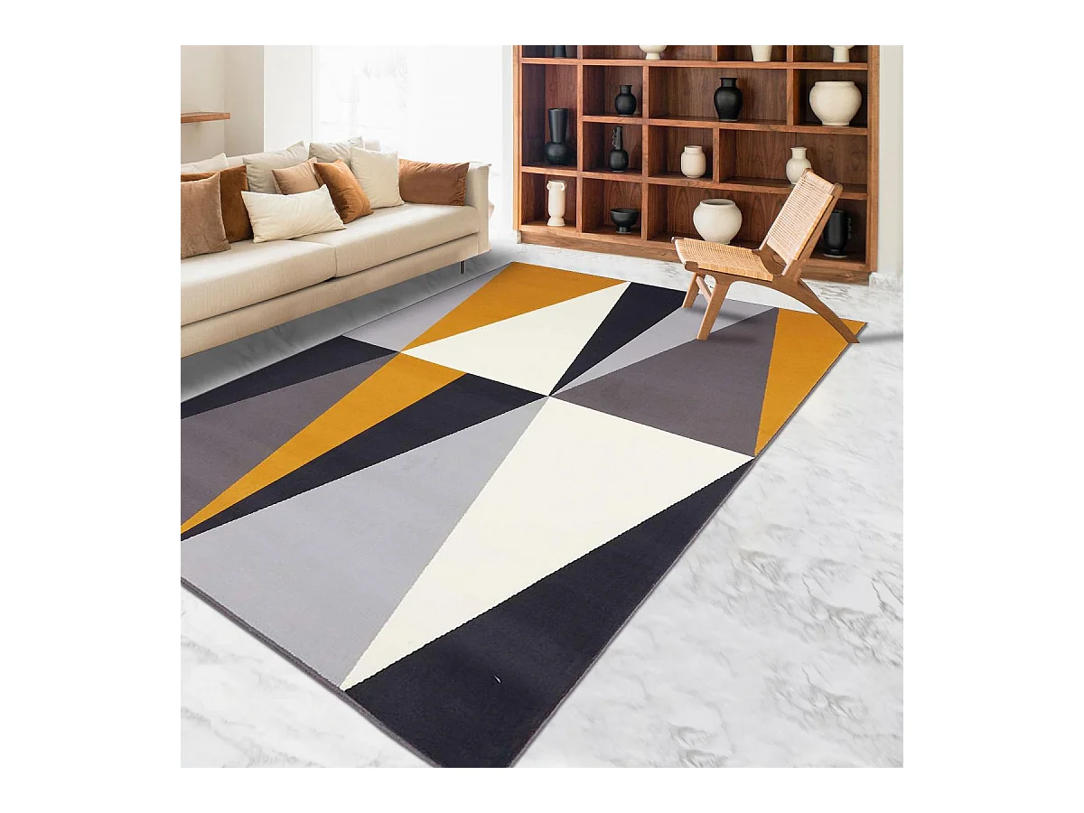 tapis grand salon 270x370 tissé jaune et gris rectangle motif géométrique