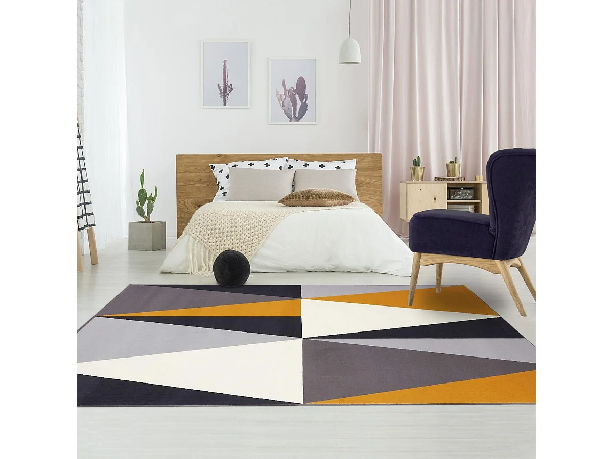 tapis grand salon 270x370 tissé jaune et gris rectangle motif géométrique