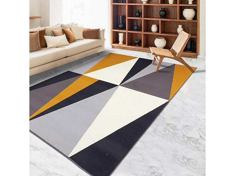 tapis grand salon 270x370 tissé jaune et gris rectangle motif géométrique