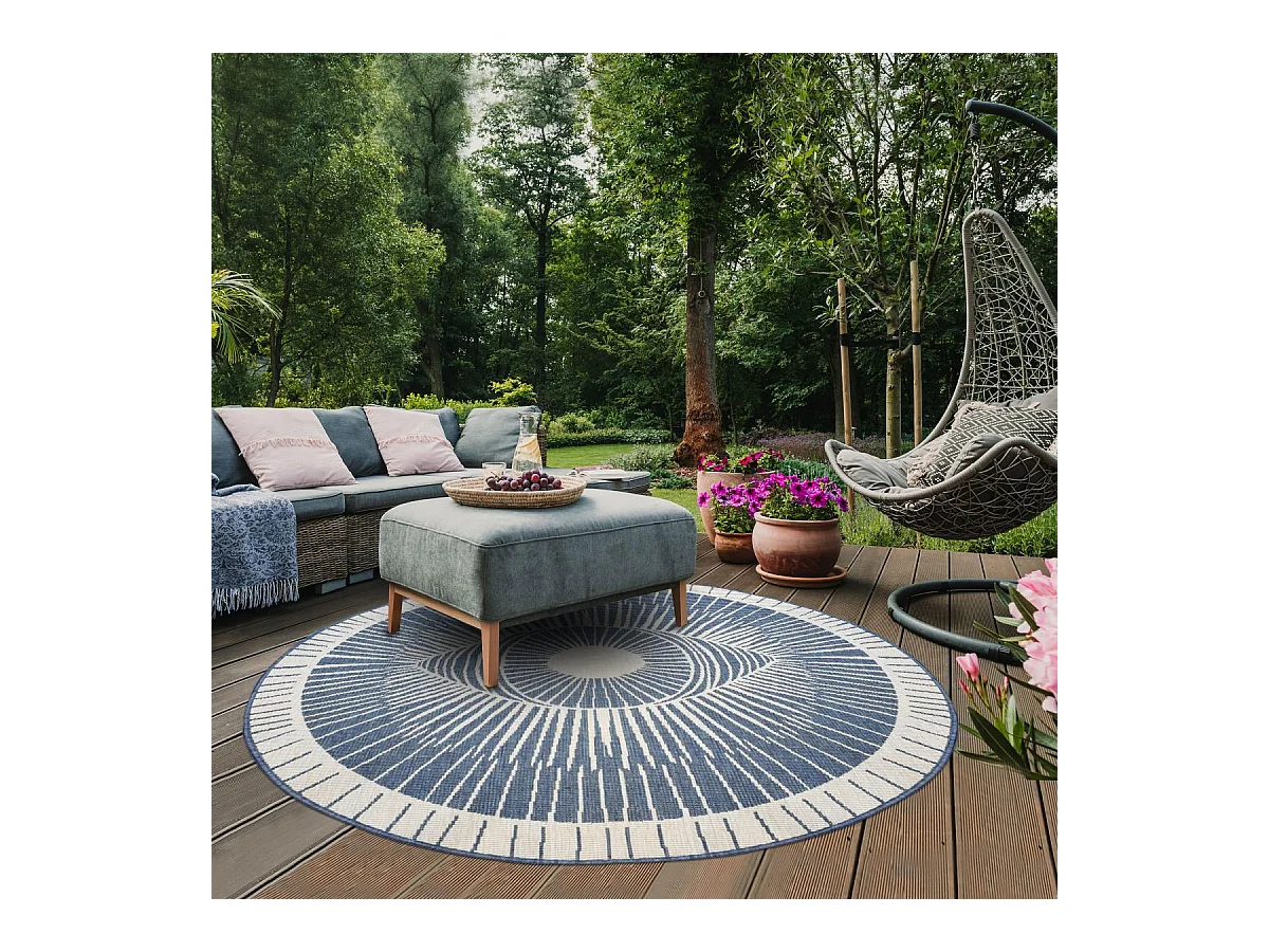 Tapis rond d'extérieur, kilim reversible Ø240cm LYN2 B ROND REVERSIBLE bleu et crème