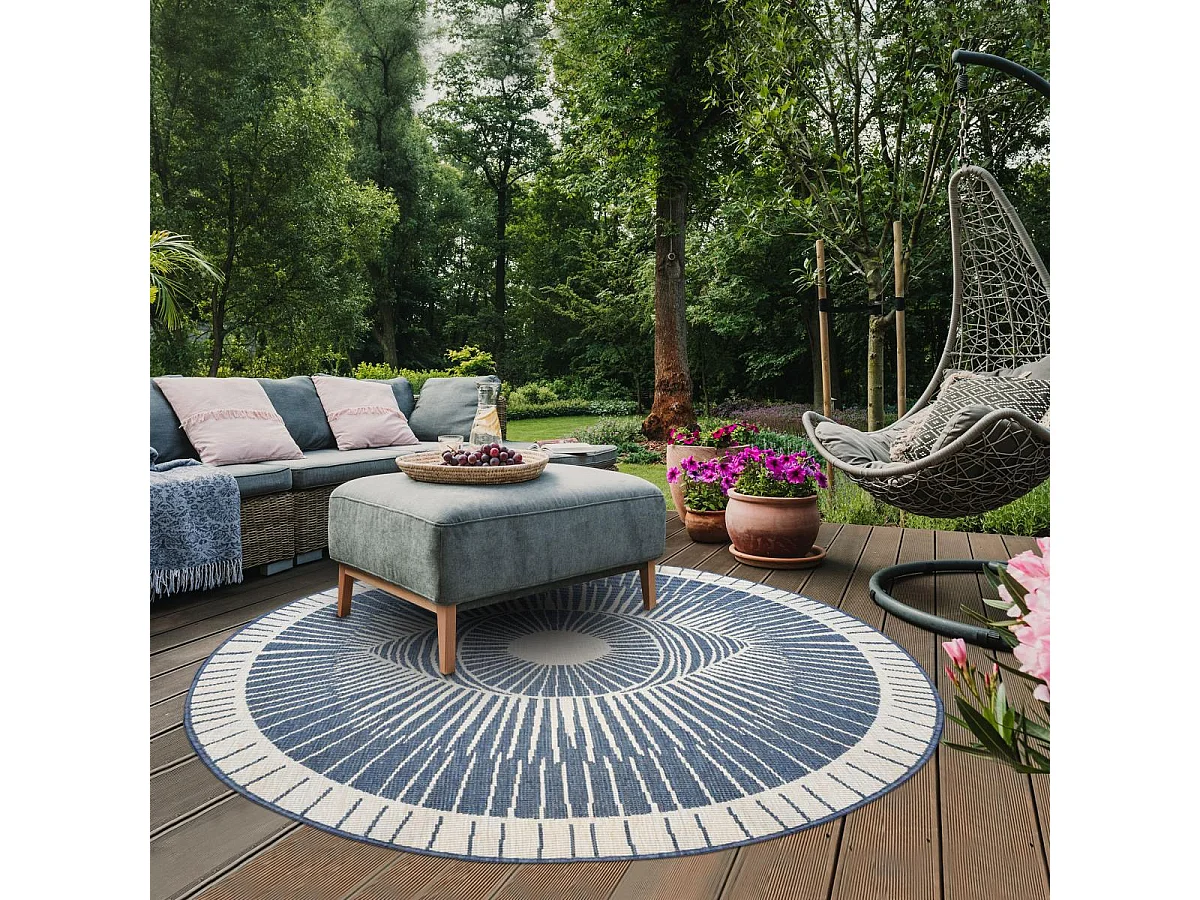 Tapis rond d'extérieur, kilim reversible Ø240cm LYN2 B ROND REVERSIBLE bleu et crème