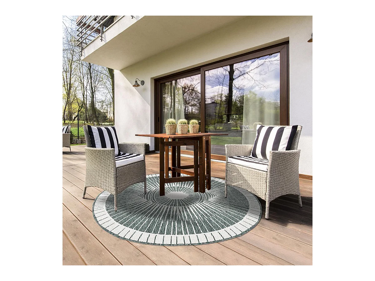 Tapis rond d'extérieur, kilim reversible Ø240cm LYN2 B ROND REVERSIBLE vert et crème