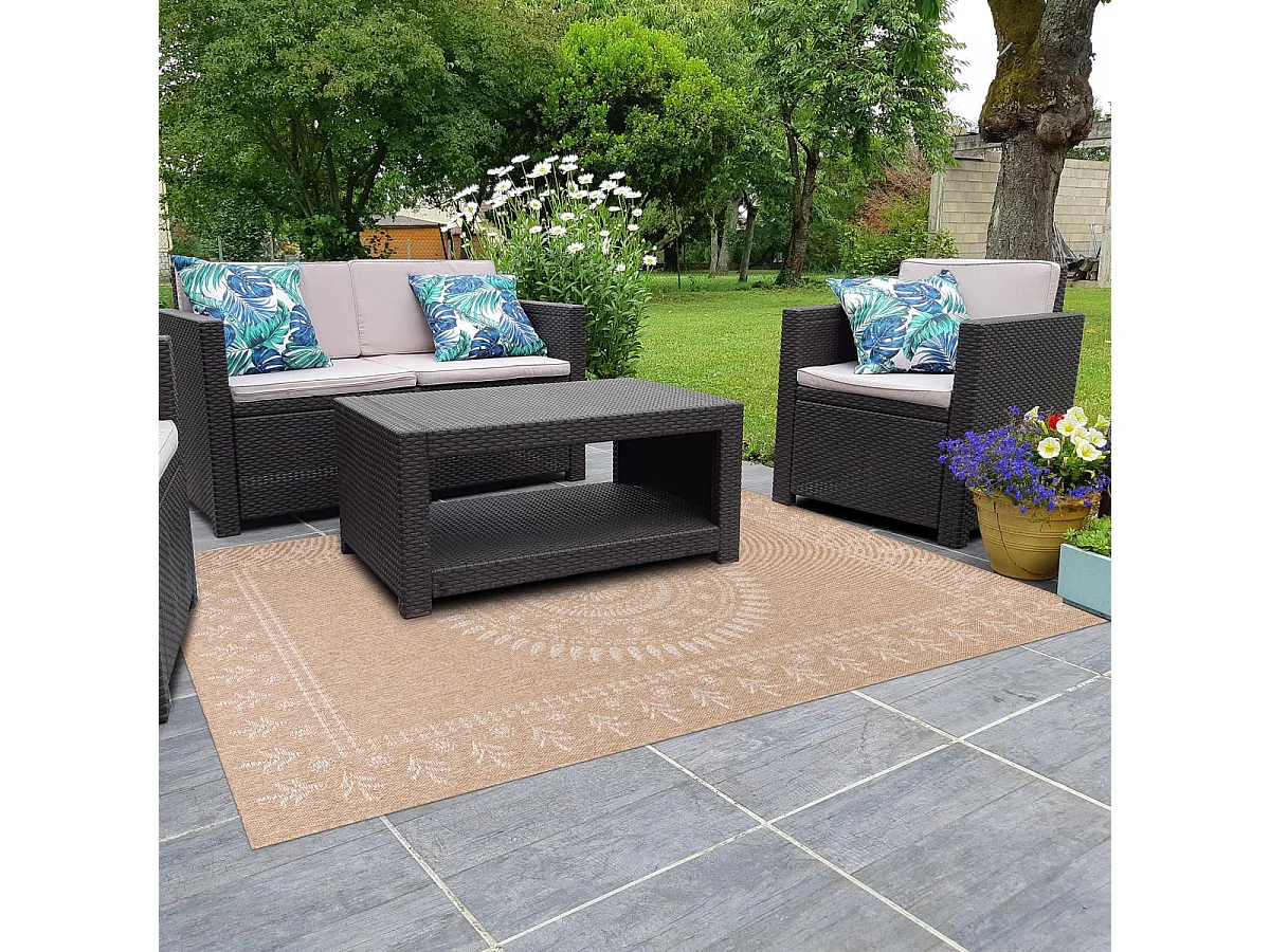 Tapis extérieur Ø120cm rond tissé kilim beige et blanc JUTE ART 6