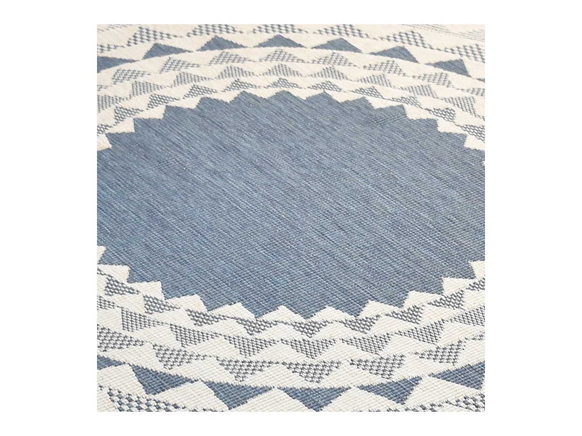 Tapis rond d'extérieur, kilim reversible Ø240cm LYN2 C ROND REVERSIBLE bleu et blanc