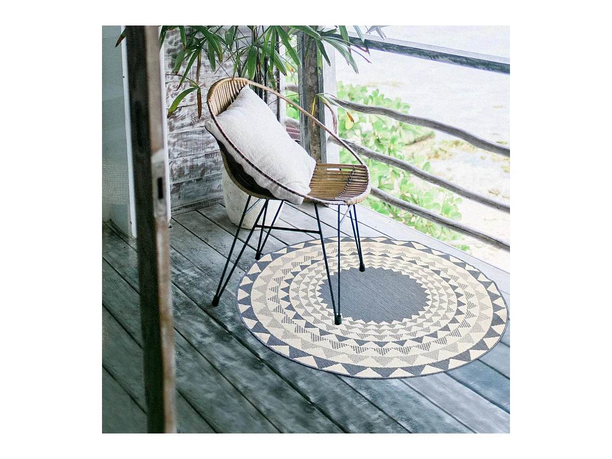 Tapis rond d'extérieur, kilim reversible Ø240cm LYN2 C ROND REVERSIBLE bleu et blanc