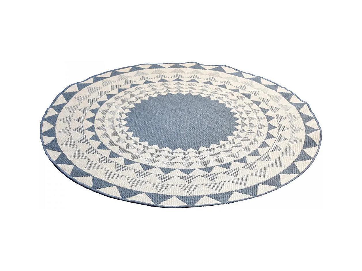 Tapis rond d'extérieur, kilim reversible Ø240cm LYN2 C ROND REVERSIBLE bleu et blanc