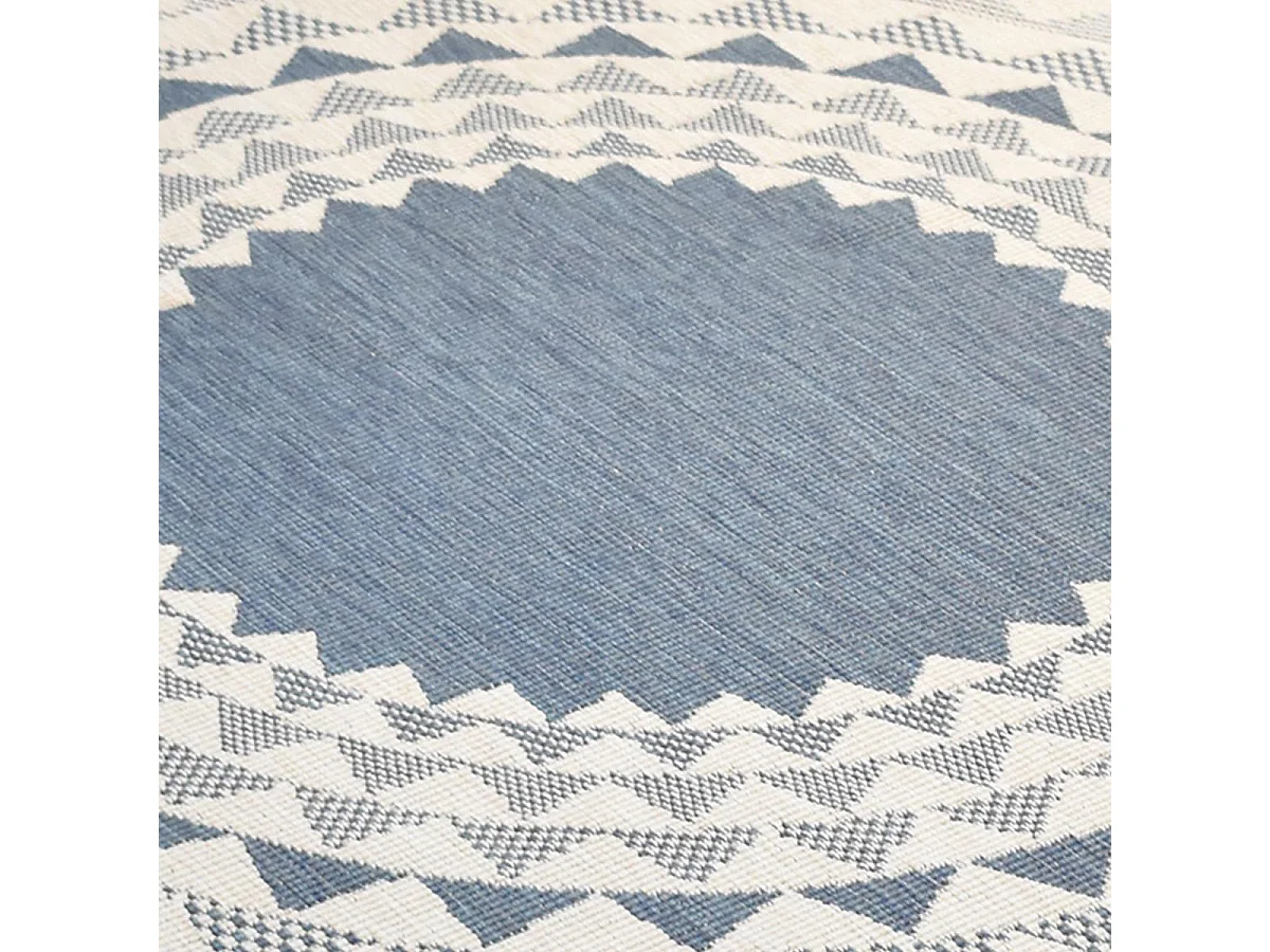 Tapis rond d'extérieur, kilim reversible Ø240cm LYN2 C ROND REVERSIBLE bleu et blanc