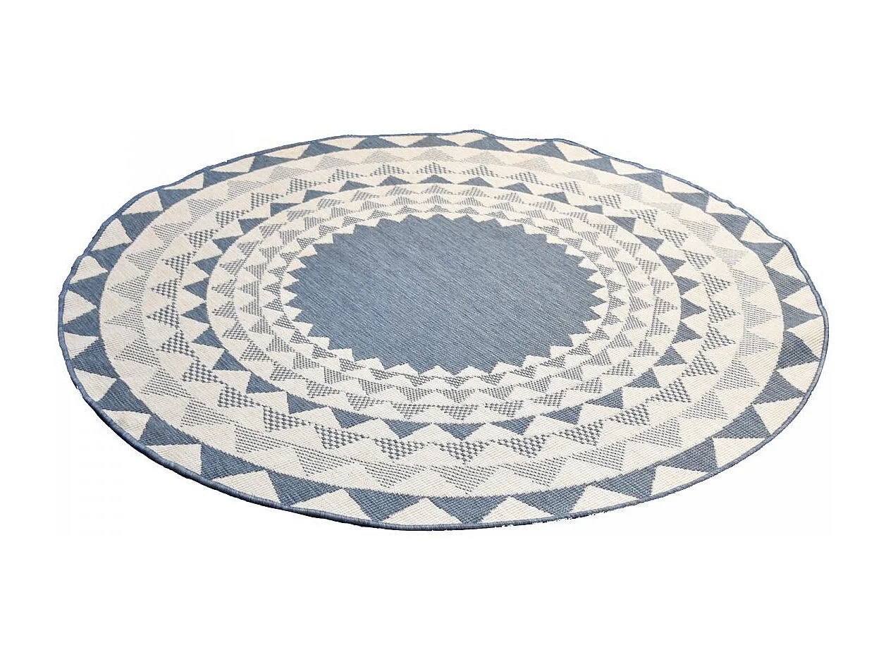 Tapis rond d'extérieur, kilim reversible Ø240cm LYN2 C ROND REVERSIBLE bleu et blanc