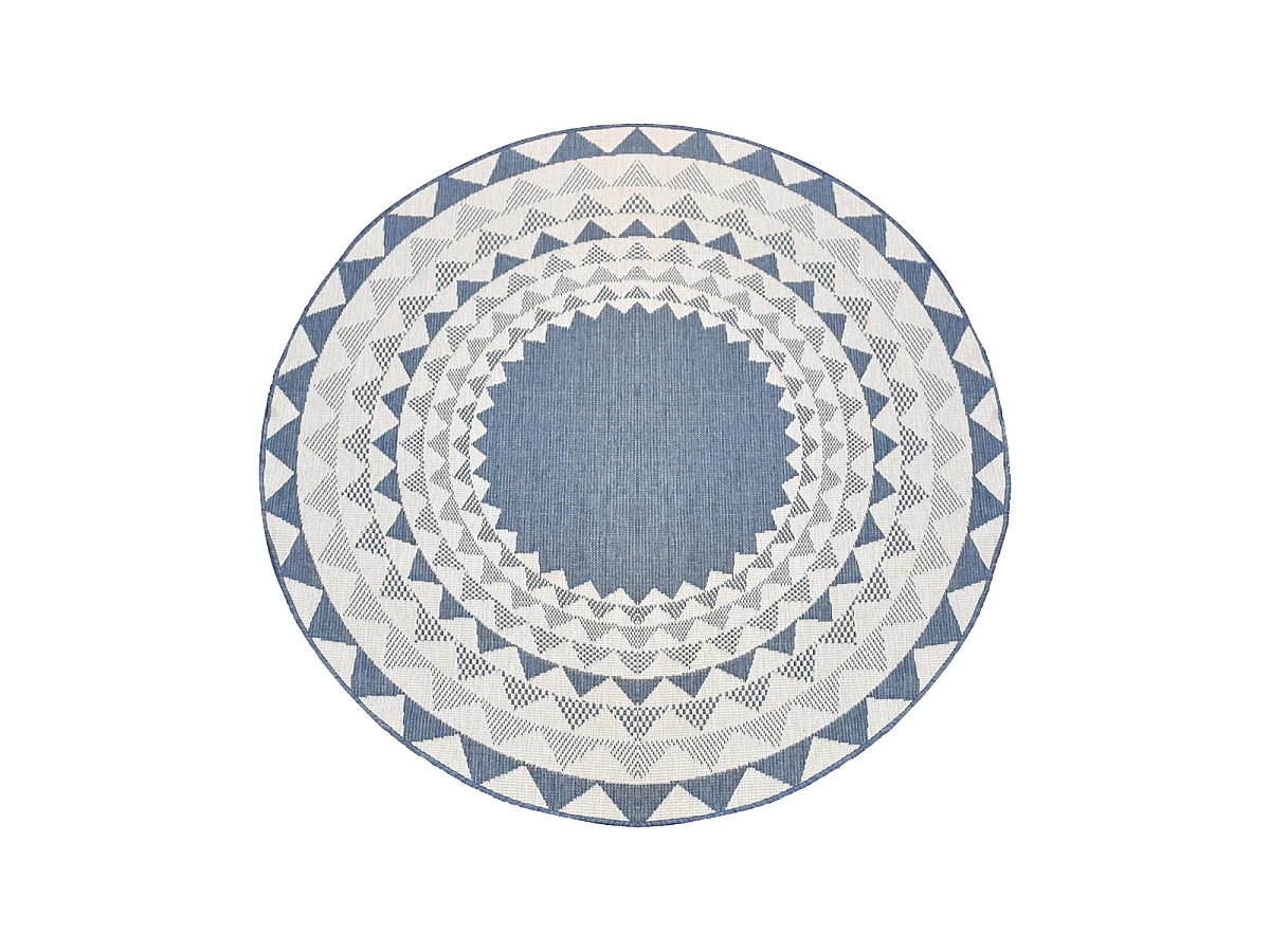 Tapis rond d'extérieur, kilim reversible Ø240cm LYN2 C ROND REVERSIBLE bleu et blanc