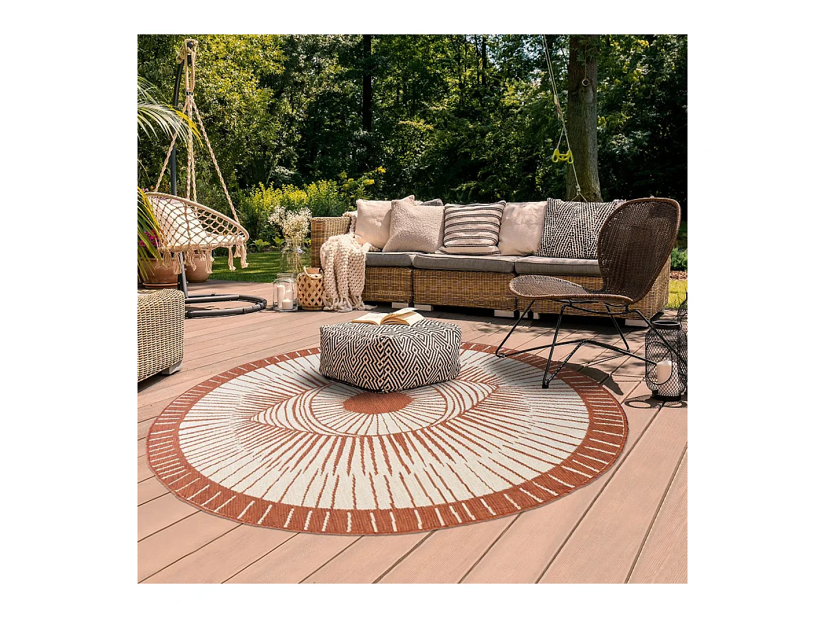 Tapis rond d'extérieur, kilim reversible Ø240cm LYN2 B ROND REVERSIBLE orange et crème