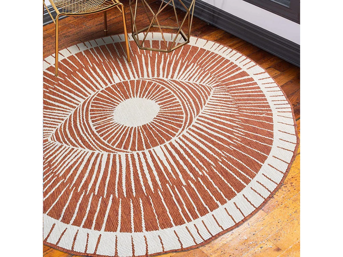 Tapis rond d'extérieur, kilim reversible Ø240cm LYN2 B ROND REVERSIBLE orange et crème
