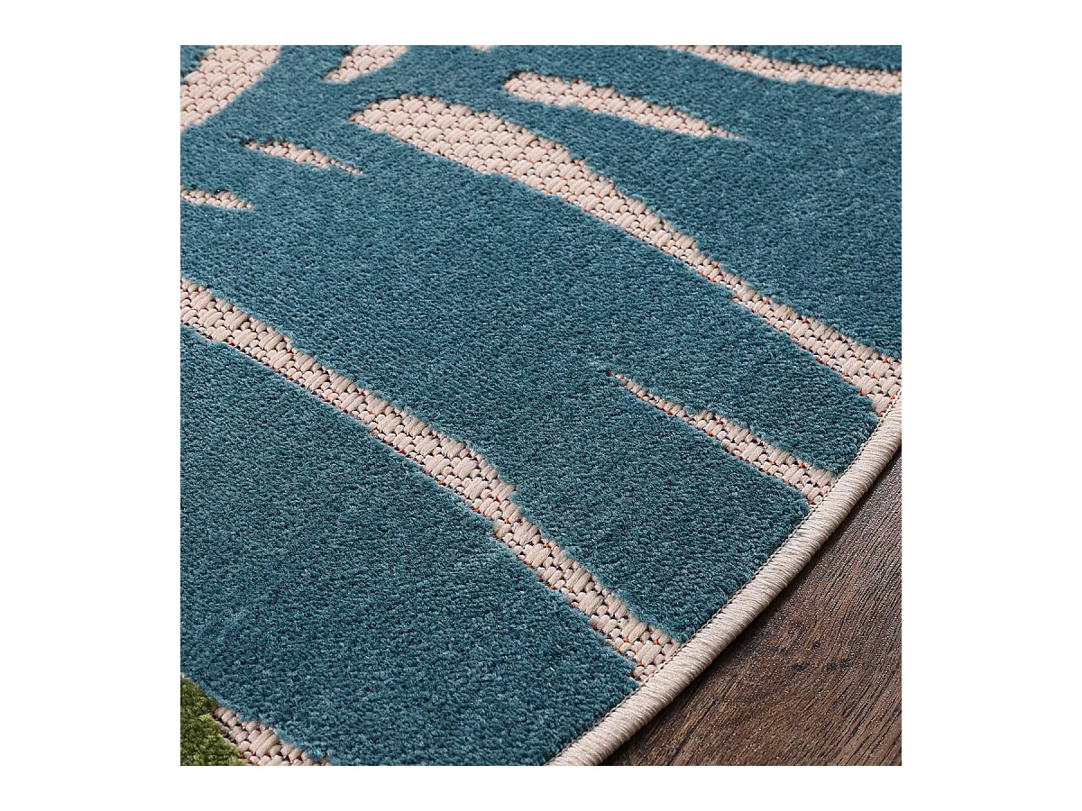 Tapis extérieur Ø120cm rond tissé kilim bleu et rouge CHIMEKI