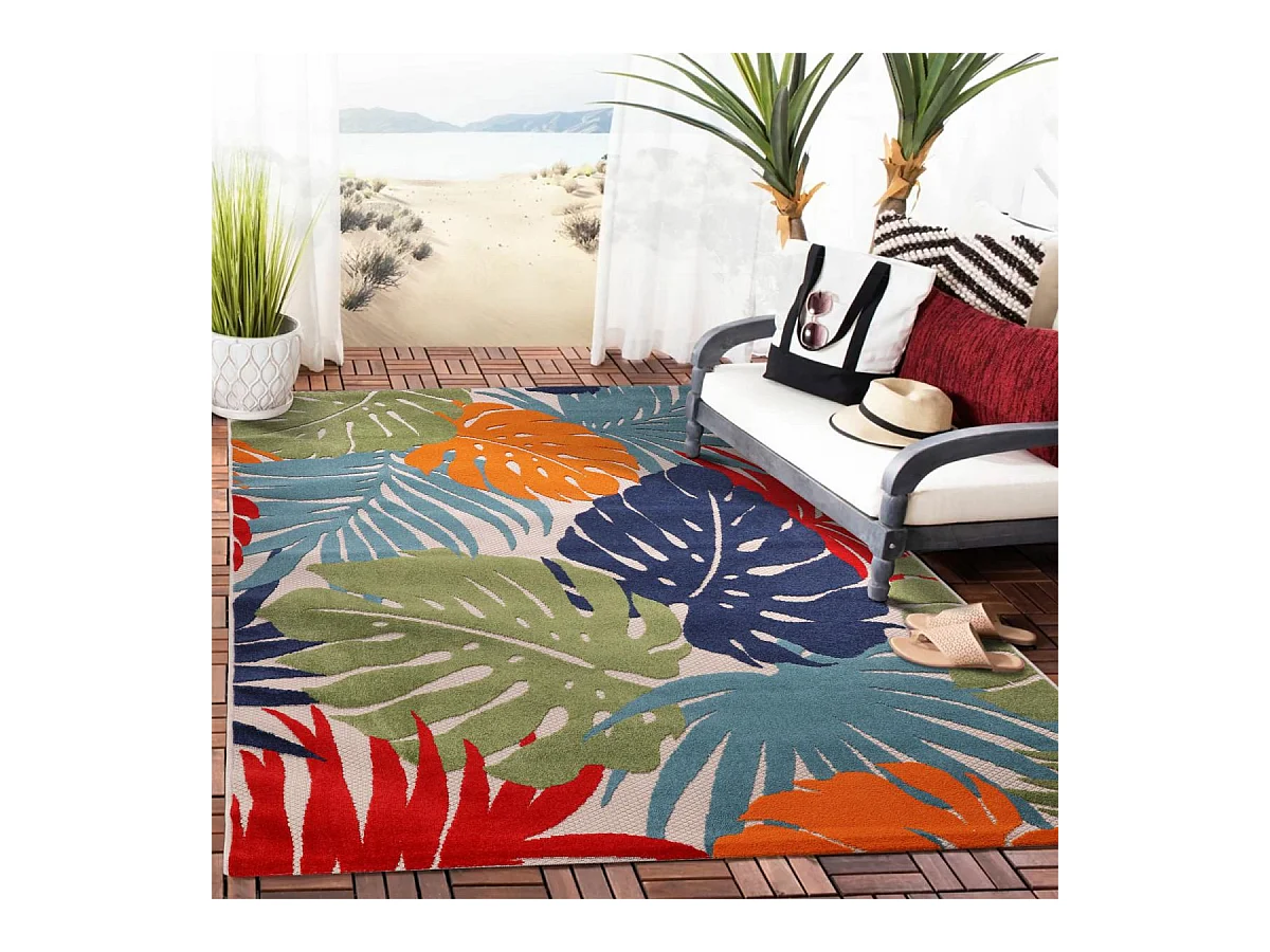 Tapis extérieur Ø120cm rond tissé kilim bleu et rouge CHIMEKI