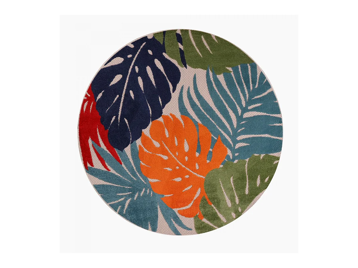 Tapis extérieur Ø120cm rond tissé kilim bleu et rouge CHIMEKI