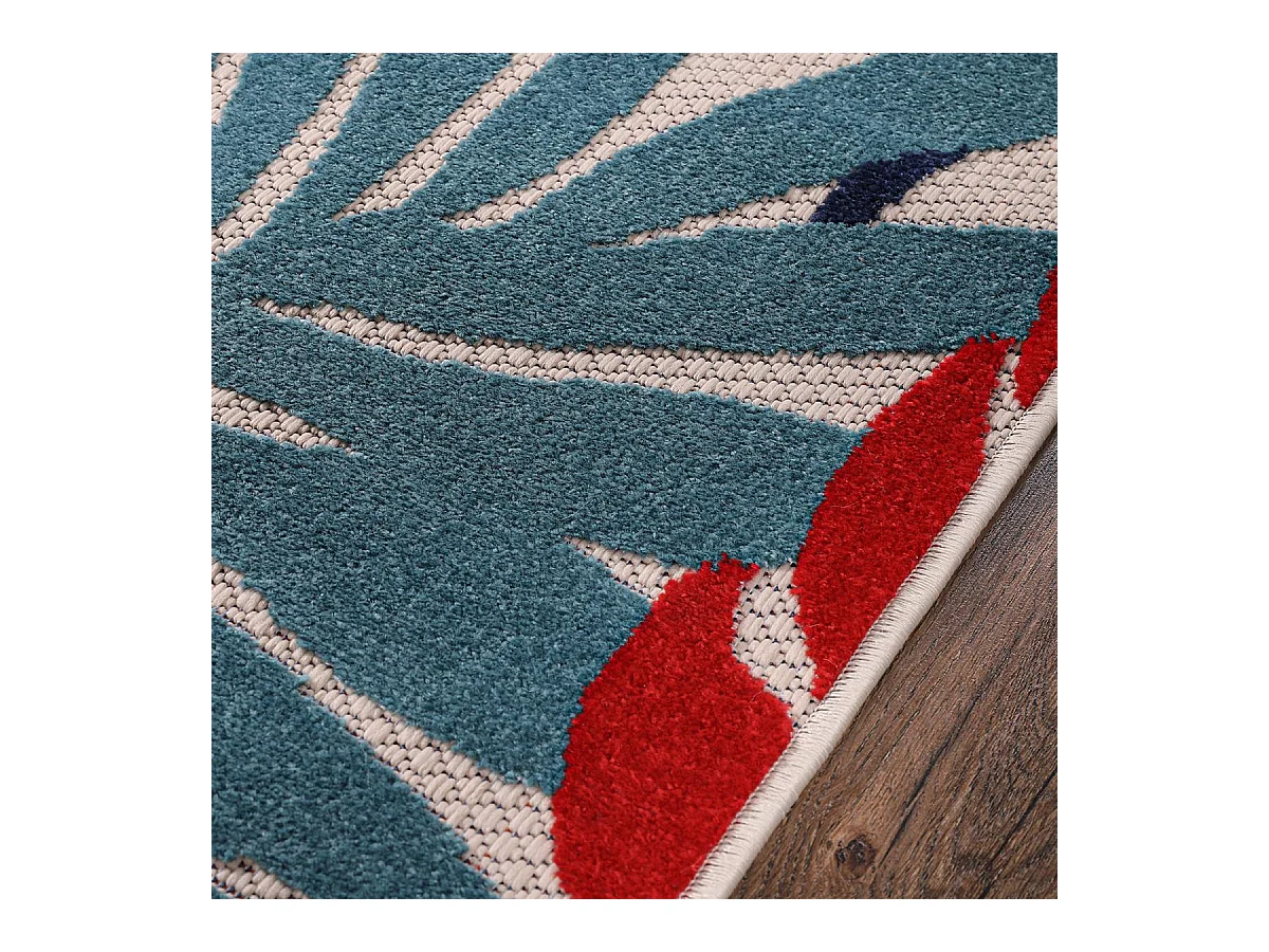 Tapis extérieur Ø120cm rond tissé kilim bleu et rouge CHIMEKI