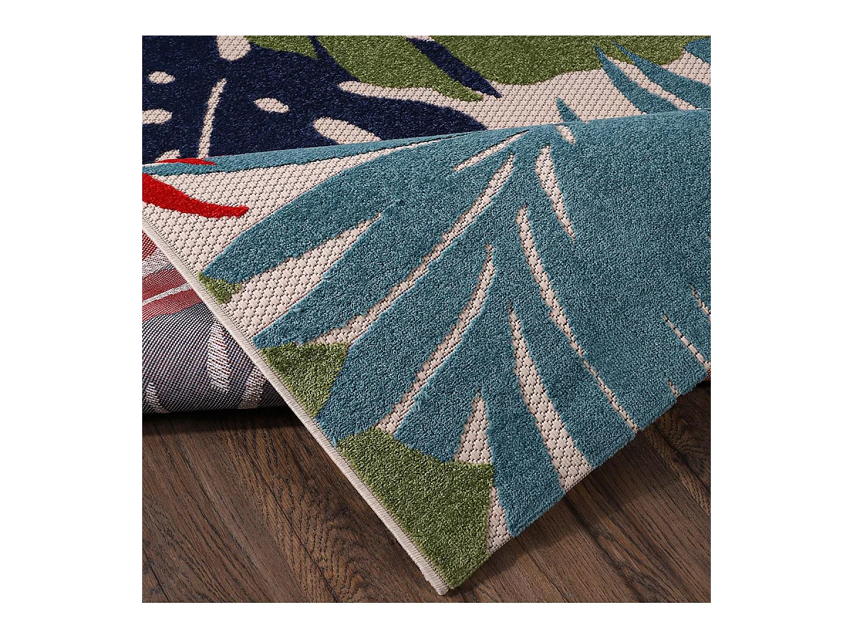 Tapis extérieur Ø120cm rond tissé kilim bleu et rouge CHIMEKI