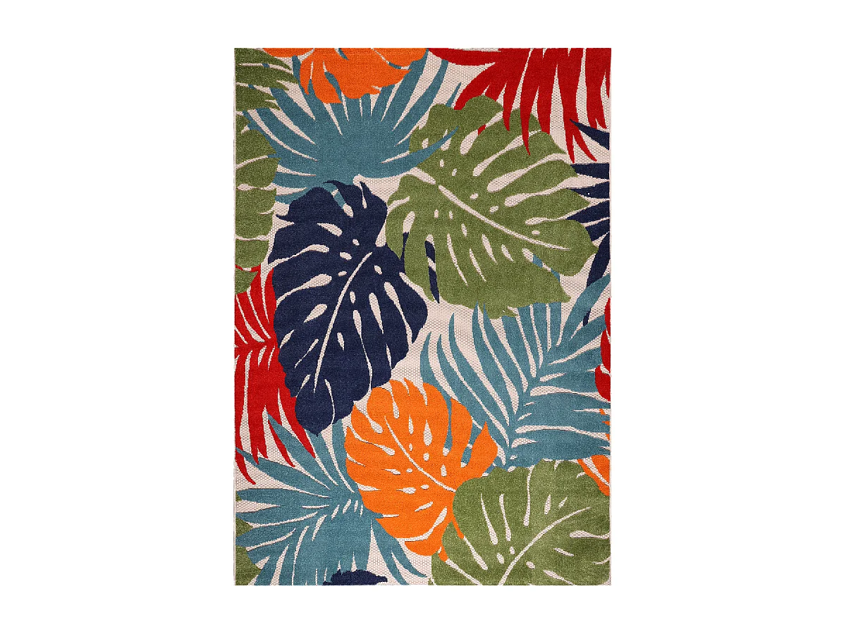 Tapis extérieur Ø120cm rond tissé kilim bleu et rouge CHIMEKI