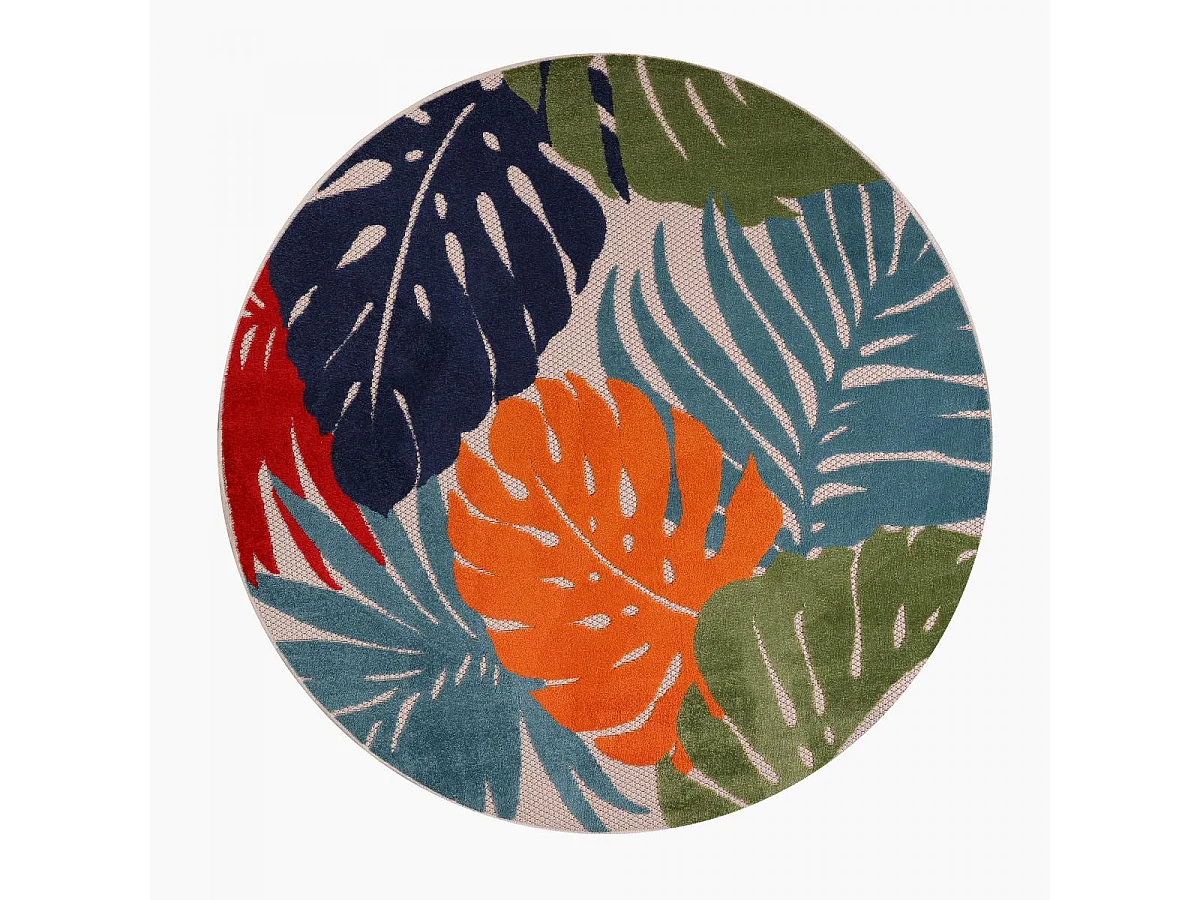 Tapis extérieur Ø120cm rond tissé kilim bleu et rouge CHIMEKI