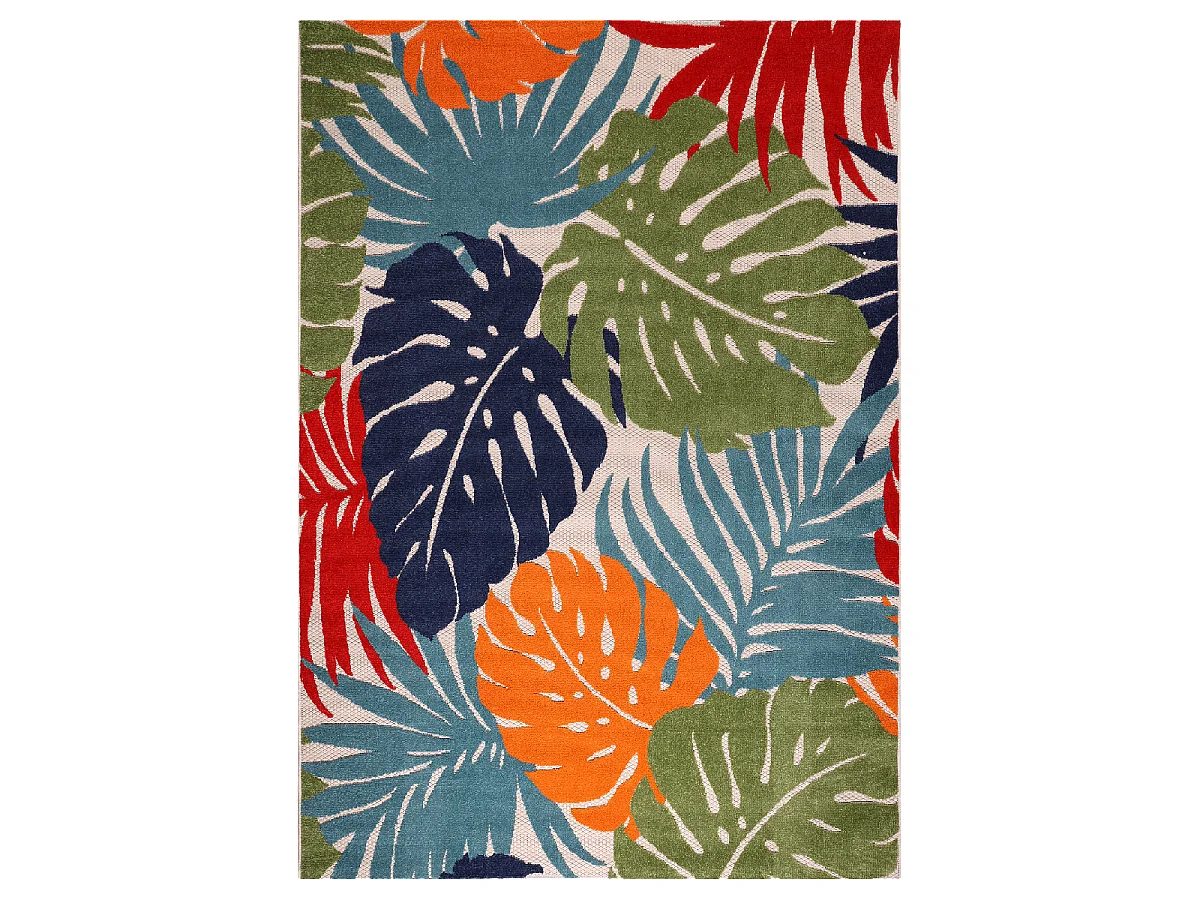 Tapis extérieur Ø120cm rond tissé kilim bleu et rouge CHIMEKI