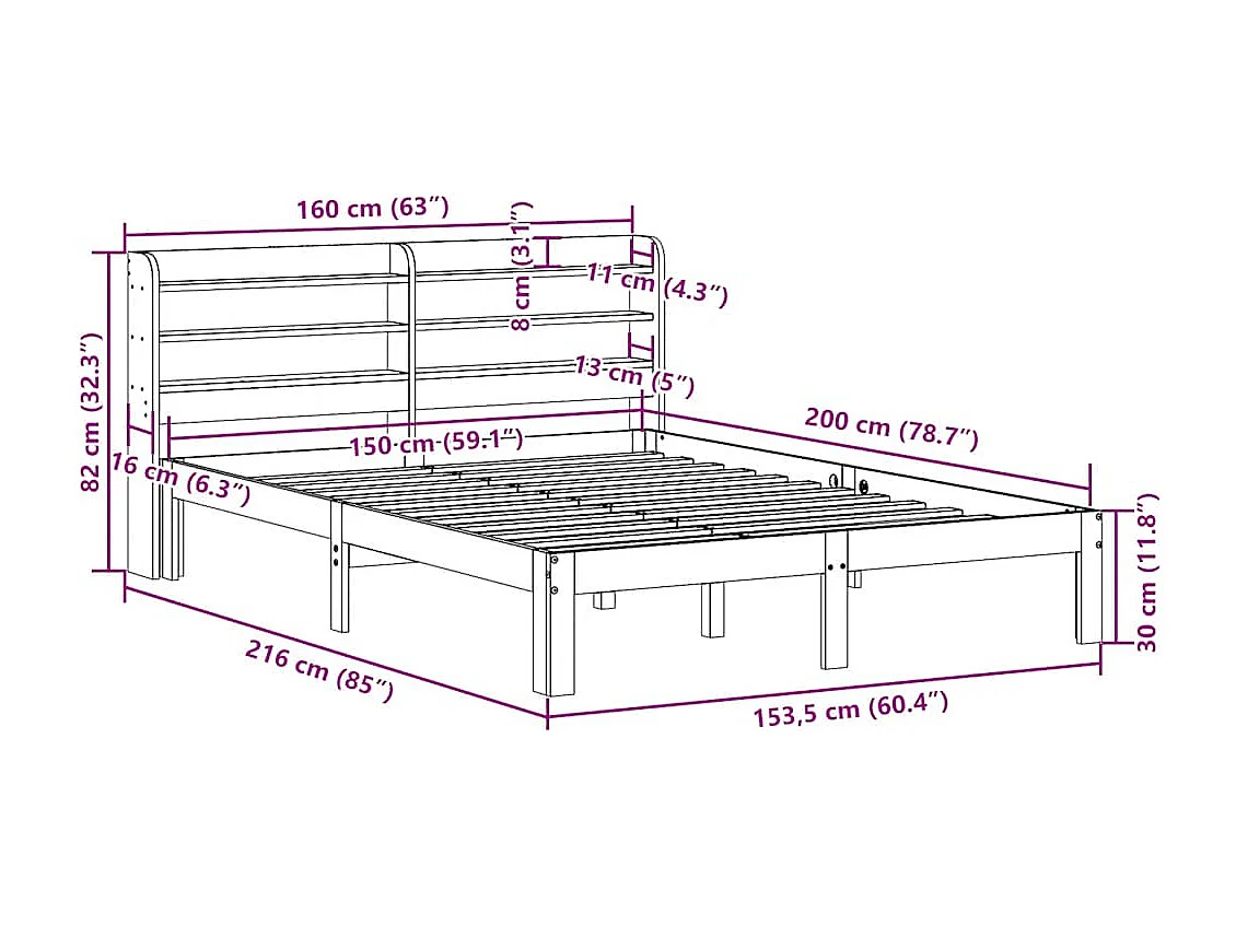 Bedframe met hoofdbord massief grenenhout wit 150x200 cm