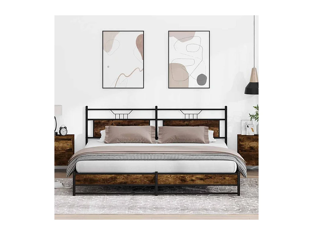 Estrutura de cama sem colchão 193x201cm metal carvalho fumado