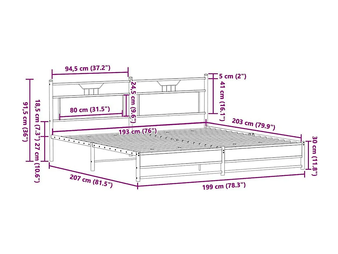 Metallbett ohne Matratze Räuchereiche 193x201 cm