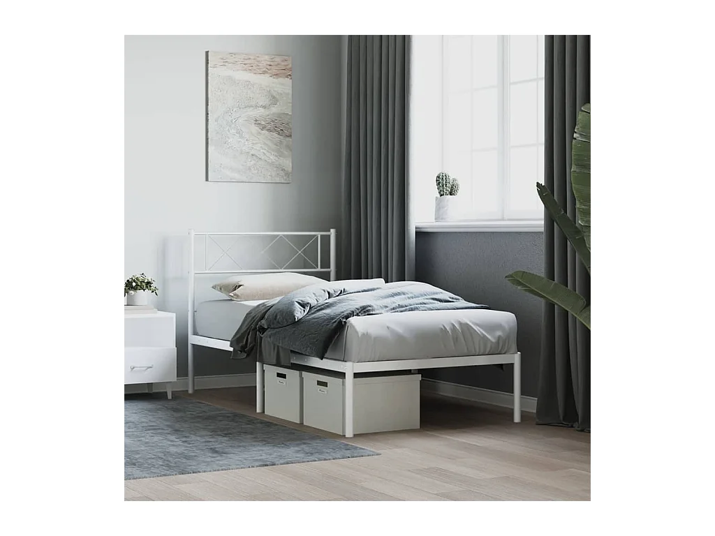 Cadre de lit métal sans matelas et tête de lit blanc 107x203 cm