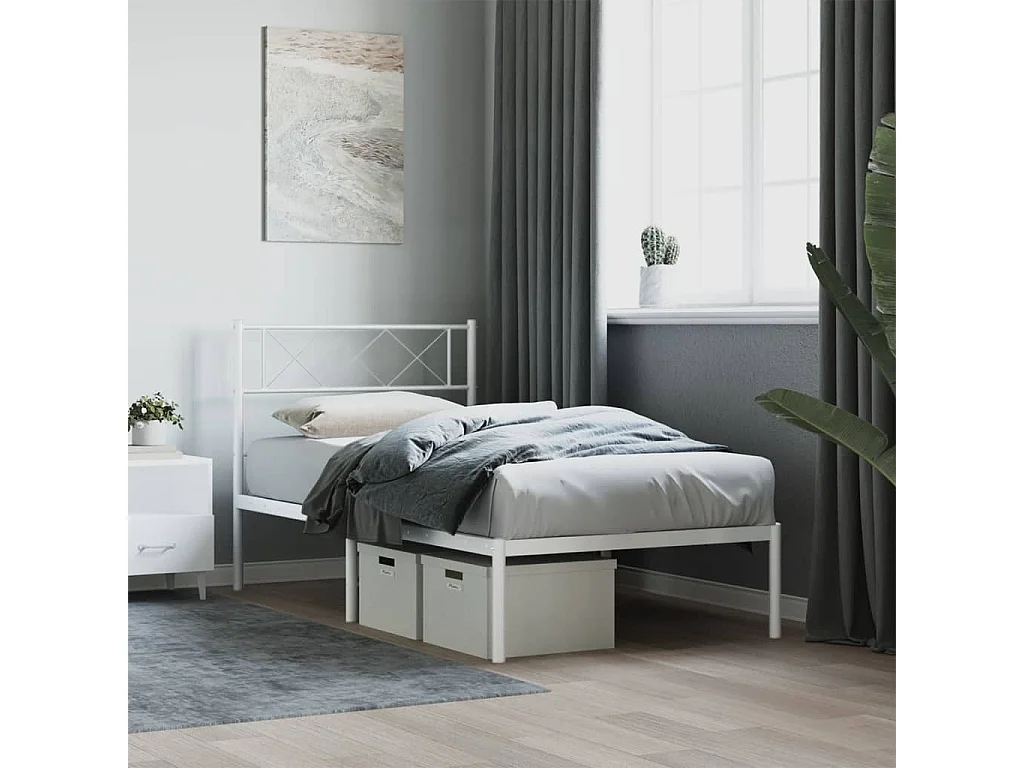 Cadre de lit métal sans matelas et tête de lit blanc 107x203 cm