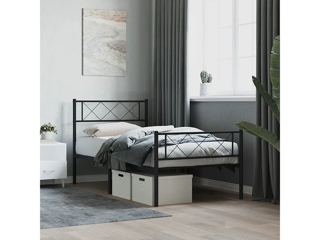 Cadre de lit métal sans matelas avec pied de lit noir 107x203cm